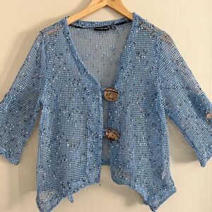 Vintage 90s Nina Leonard Blue Crochet Knit Sheer Lagenlook Cardigan M